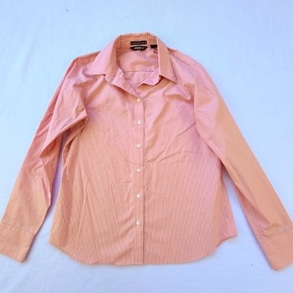 Eddie‎ Bauer Button Down Shirt Womens Medium Pink White Pinstripe Coastal Crisp